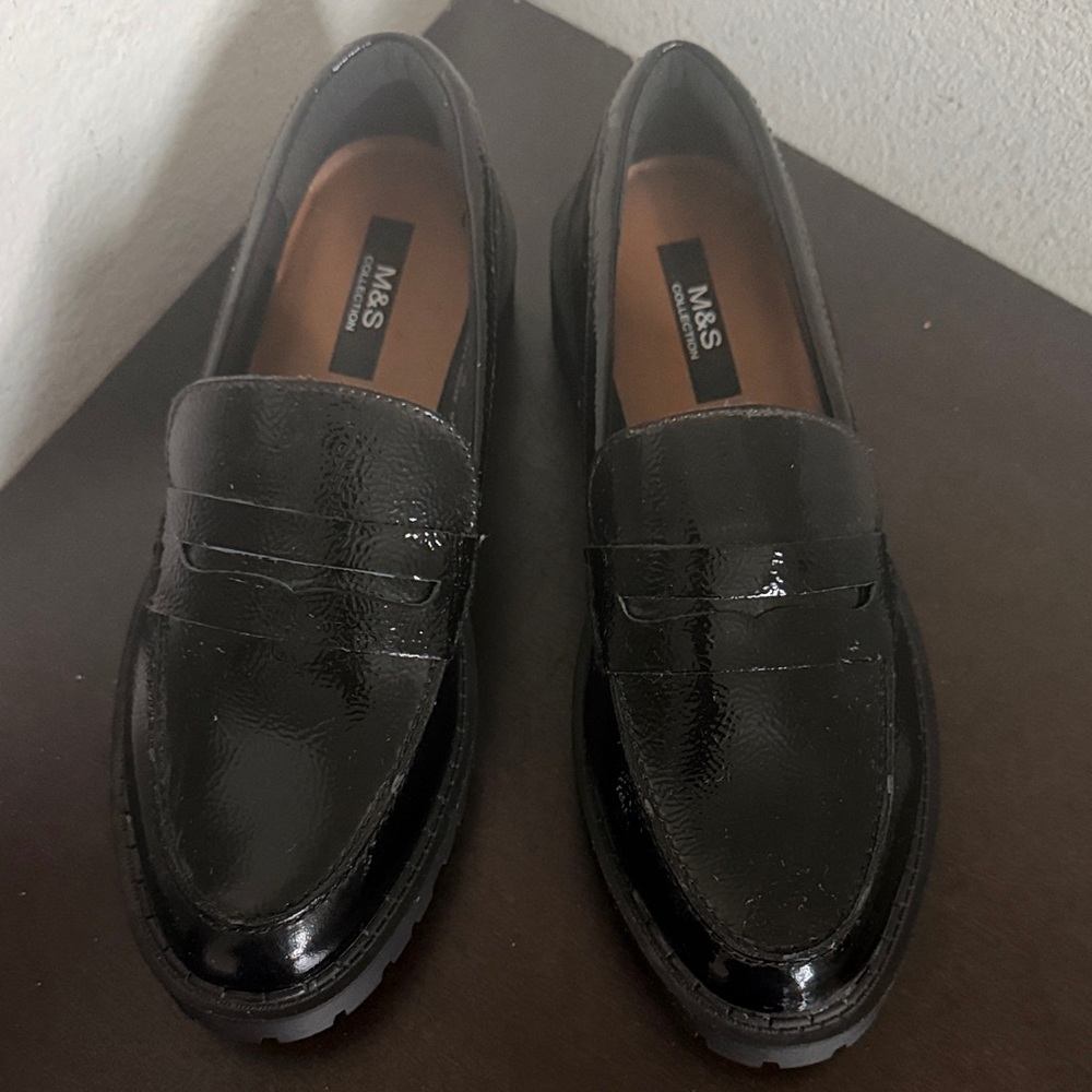 NWT M&S Black Patent Penny Loafers.